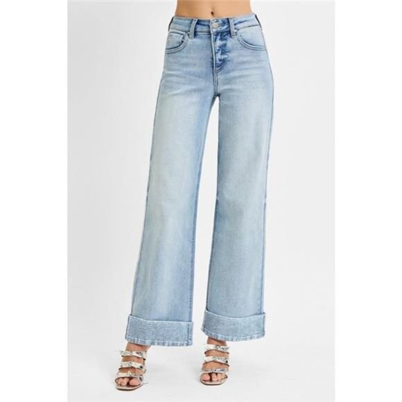 RISEN Full Size Tummy Control High Rise Ankle Wide Cuffed Jeans Plus Size - Picture 2 of 6